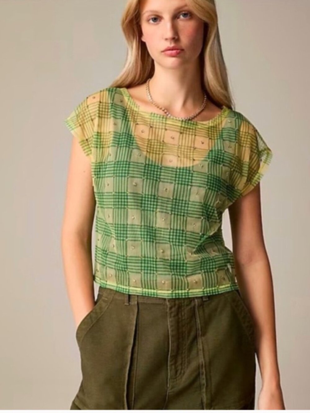 NWT J. Crew Green Plaid Rhinestone Mesh Top